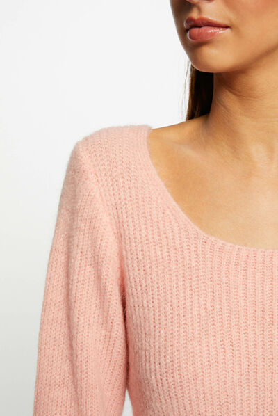 Pull manches longues col rond corail femme