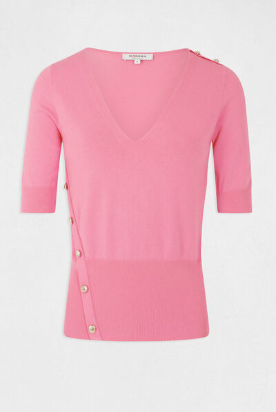 Pull manches 3/4 avec boutons rose femme