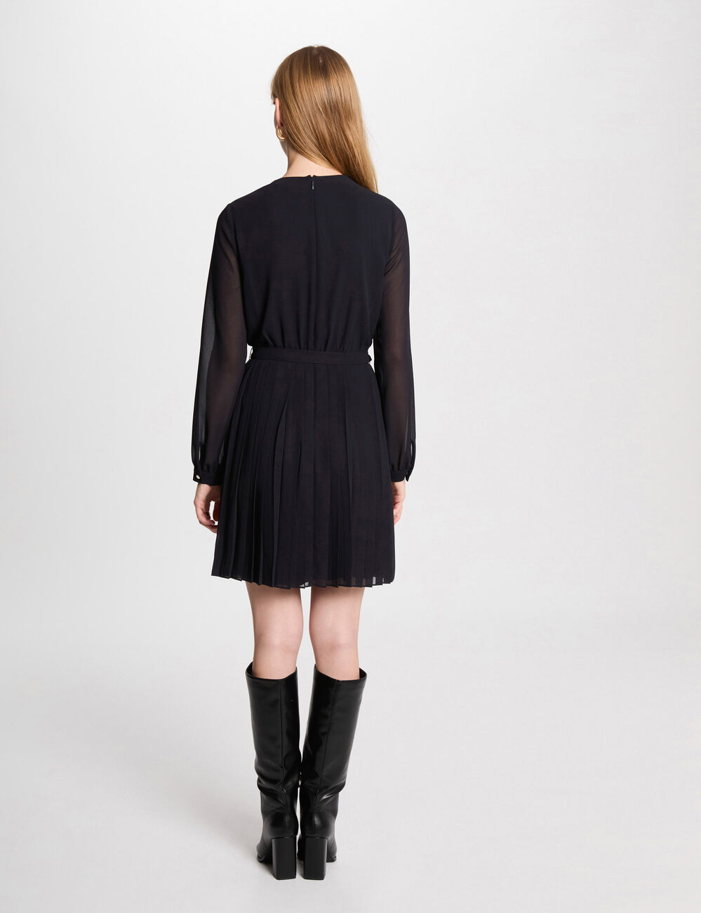 Robe courte droite pliss&eacute;e bleu marine femme