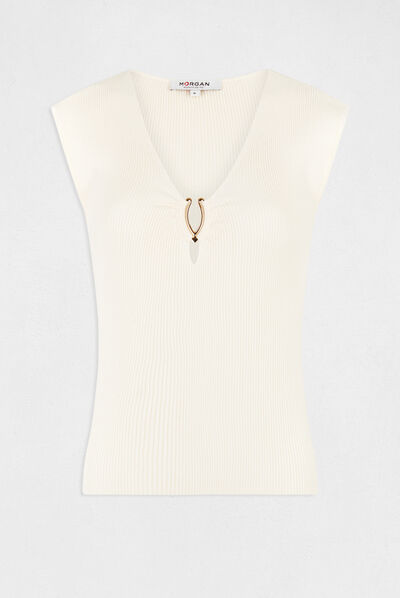 Pull manches courtes col détail bijou ecru moyen femme