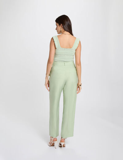 Pantalon carotte taille haute vert pastel femme