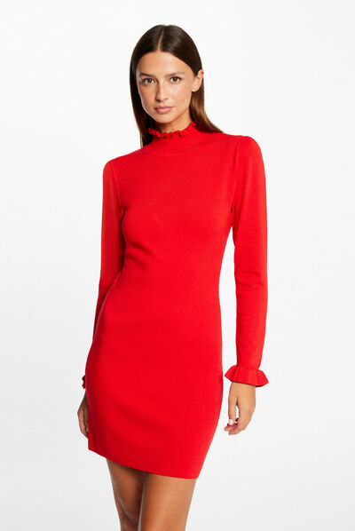 Robe pull ajustée avec col montant rouge femme