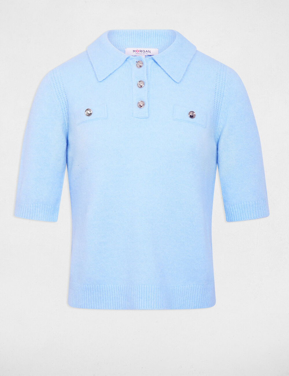 Pull ajust&eacute; col &agrave; revers bleu clair femme