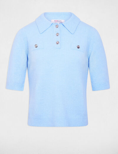 Pull ajust&eacute; col &agrave; revers bleu clair femme