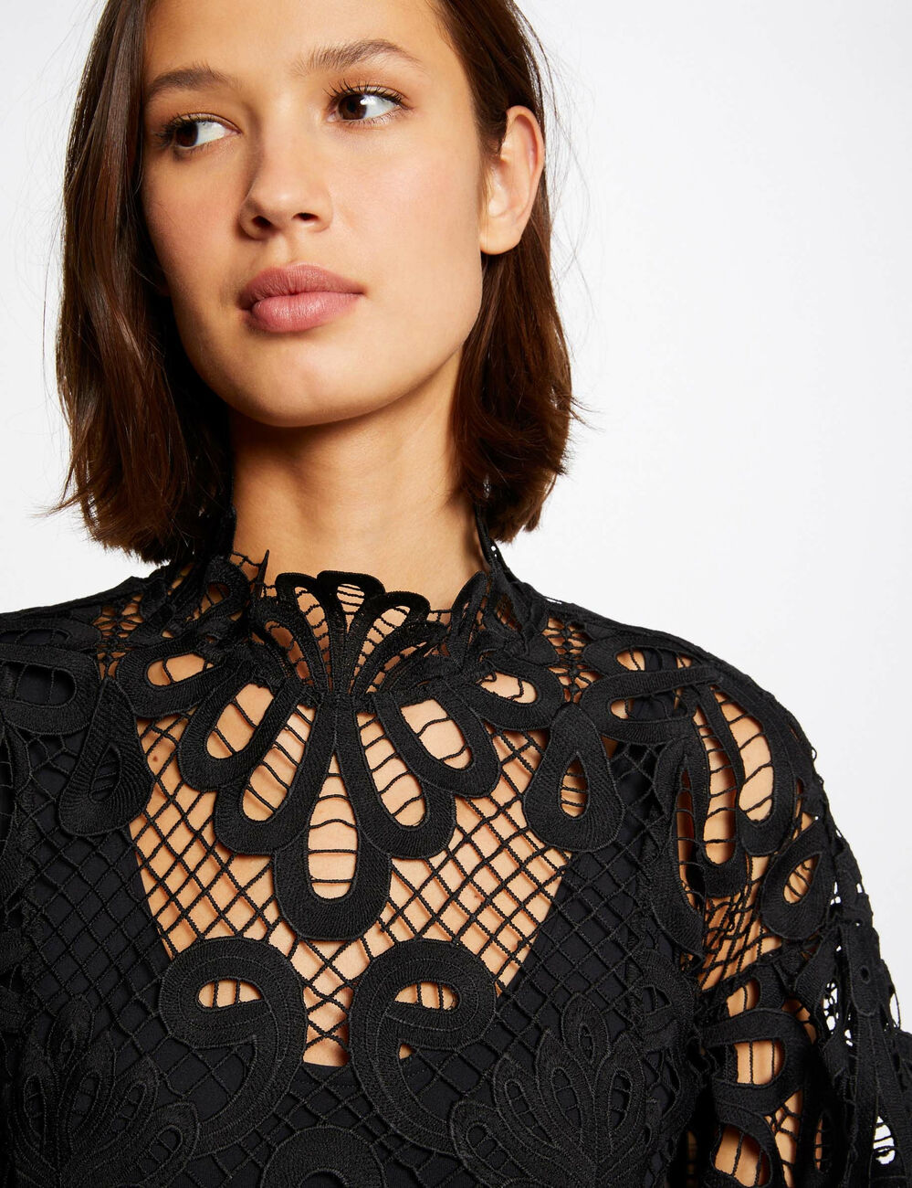Blouse manches longues en dentelle noir femme