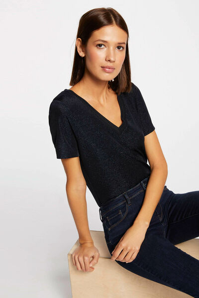 T-shirt manches courtes avec col en V marine femme