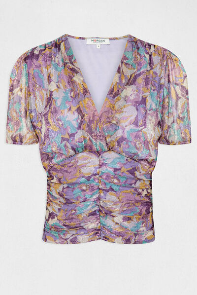 T-shirt manches courtes imprimé floral violet femme