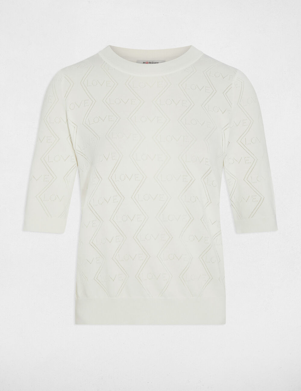 Pull ajour&eacute; manches 3/4 blanc femme