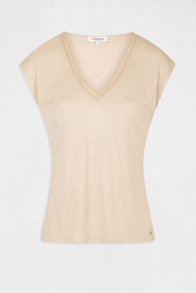 T-shirt manches courtes à détails bijoux beige femme