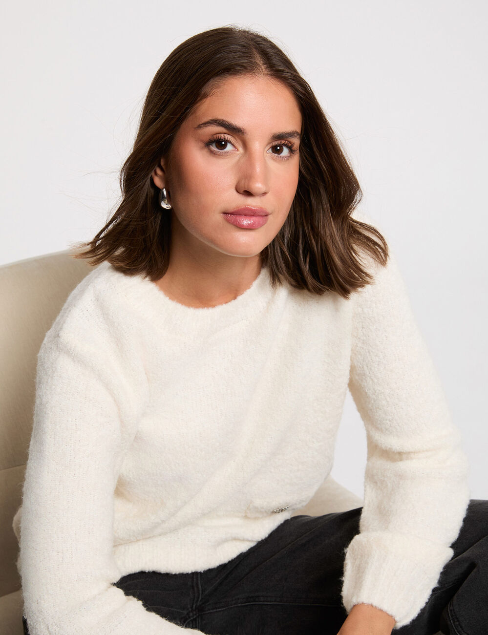 Pull &eacute;pais col rond ivoire femme