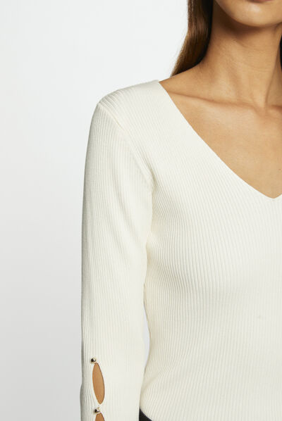 Pull manches longues fendues à boutons ivoire femme