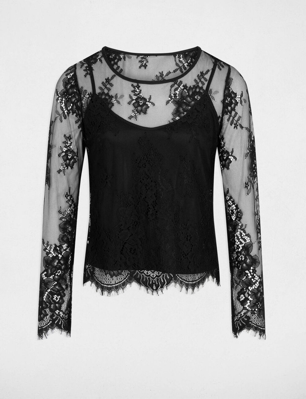 T-shirt dentelle manches longues noir femme