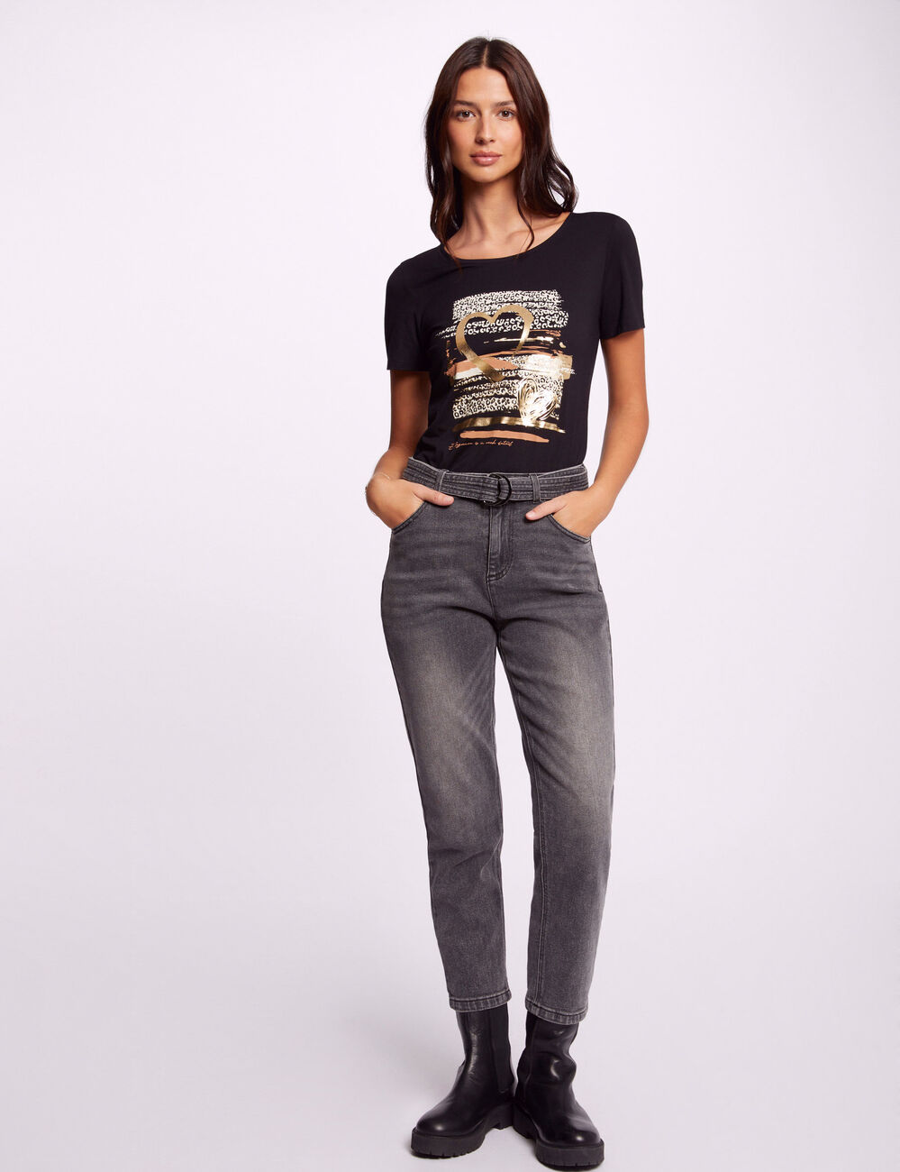 T-shirt inscription et imprimé noir femme