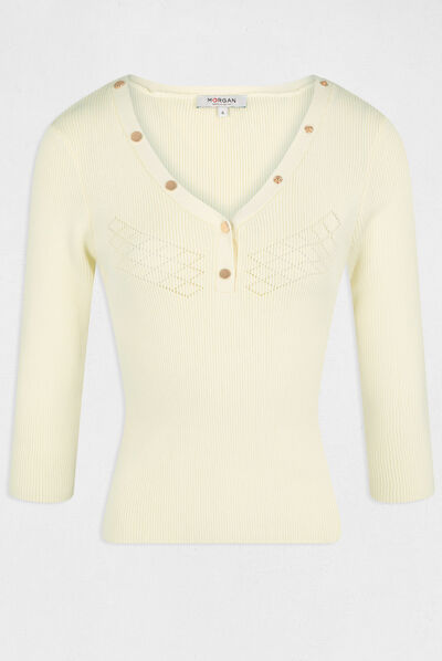 Pull manches 3/4 avec boutons jaune paille femme