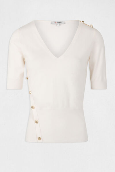 Pull manches 3/4 avec boutons ivoire femme