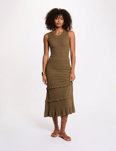 Robe tricot longue cintr&eacute;e vert kaki femme