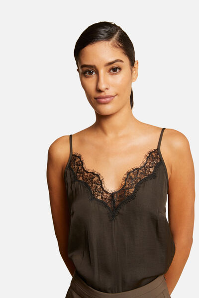 Blouse bretelles fines avec dentelle vert kaki femme