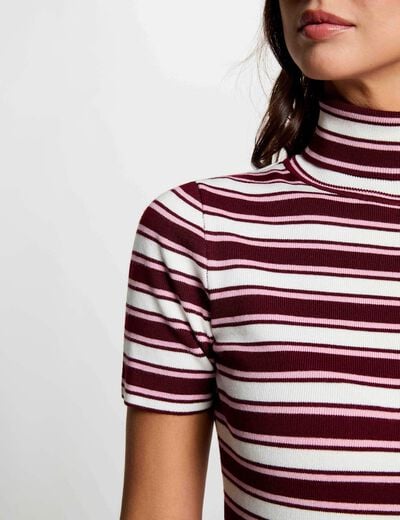 Pull col roul&eacute; ray&eacute; bordeaux femme