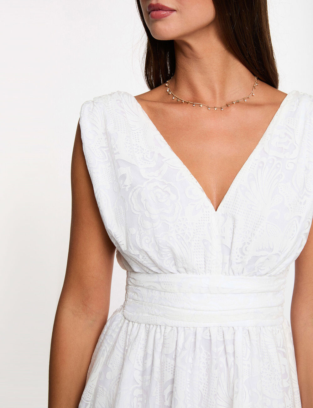 Robe jacquard col v blanc femme