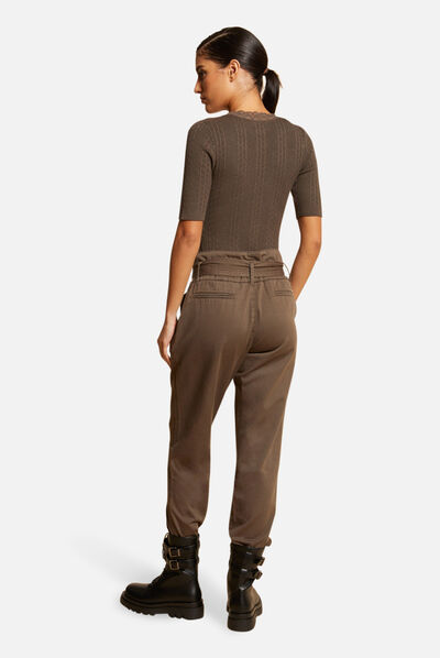 Pull manches courtes avec col en V vert kaki femme