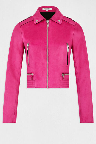Blouson droit aspect suédine framboise femme