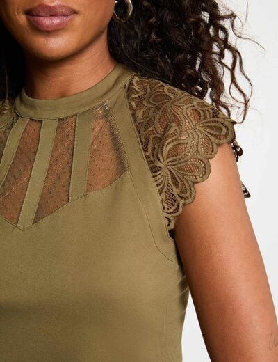 T-shirt manches courtes &agrave; dentelle vert kaki femme