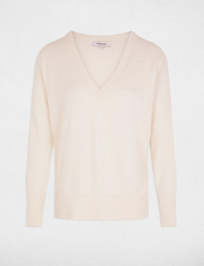 Pull col en V manches longues ivoire femme