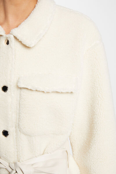 Manteau droit imitation fourrure ivoire femme
