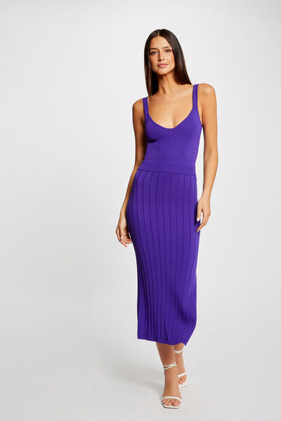 Robe pull longue ajustée fendue violet femme