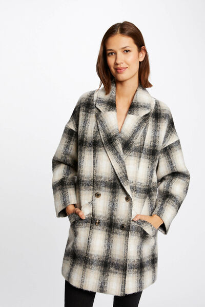 Manteau ample boutonné à carreaux beige femme