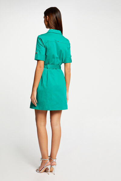 Robe droite manches courtes ceinturée vert moyen femme