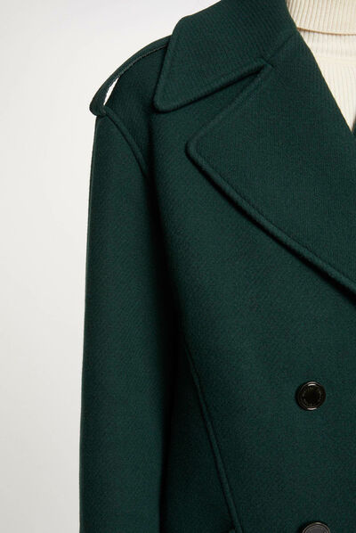Manteau long droit boutonné vert fonce femme