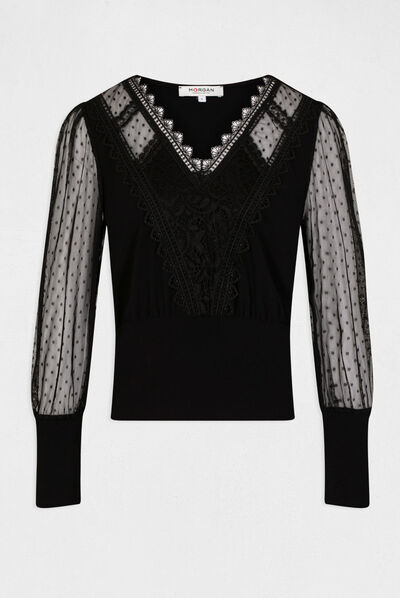 T-shirt manches longues avec plumetis noir femme