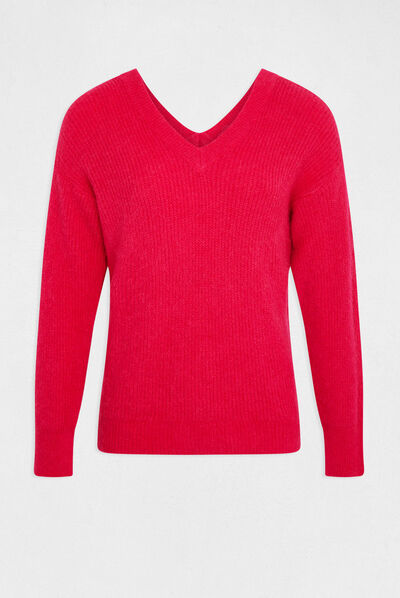 Pull manches longues à col en V rose moyen femme