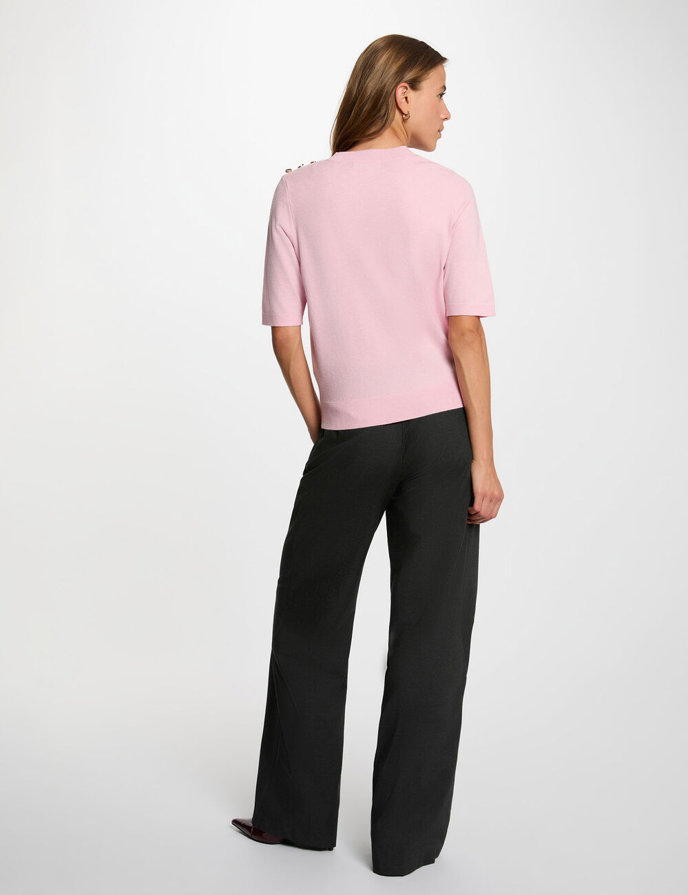 Pull col rond manches courtes rose pastel femme
