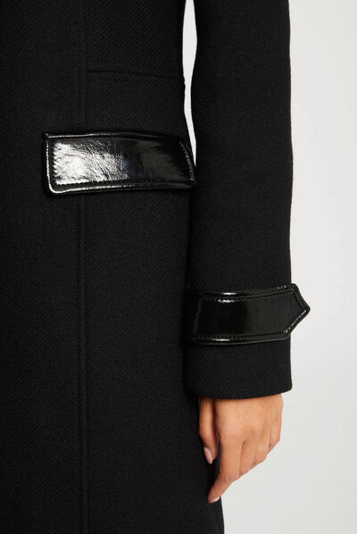 Manteau droit détails simili cuir noir femme