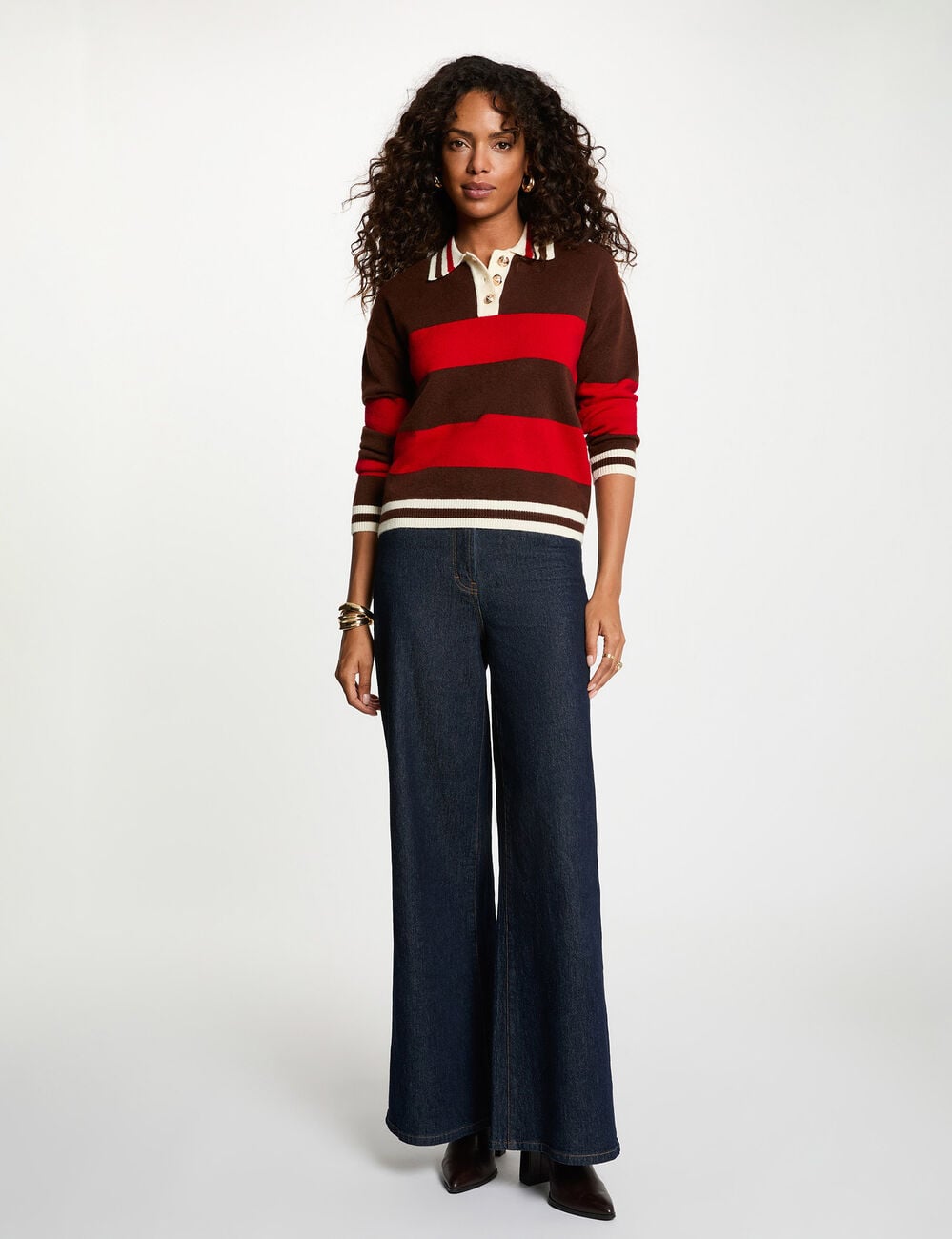 Pull col &agrave; revers marron fonc&eacute; femme