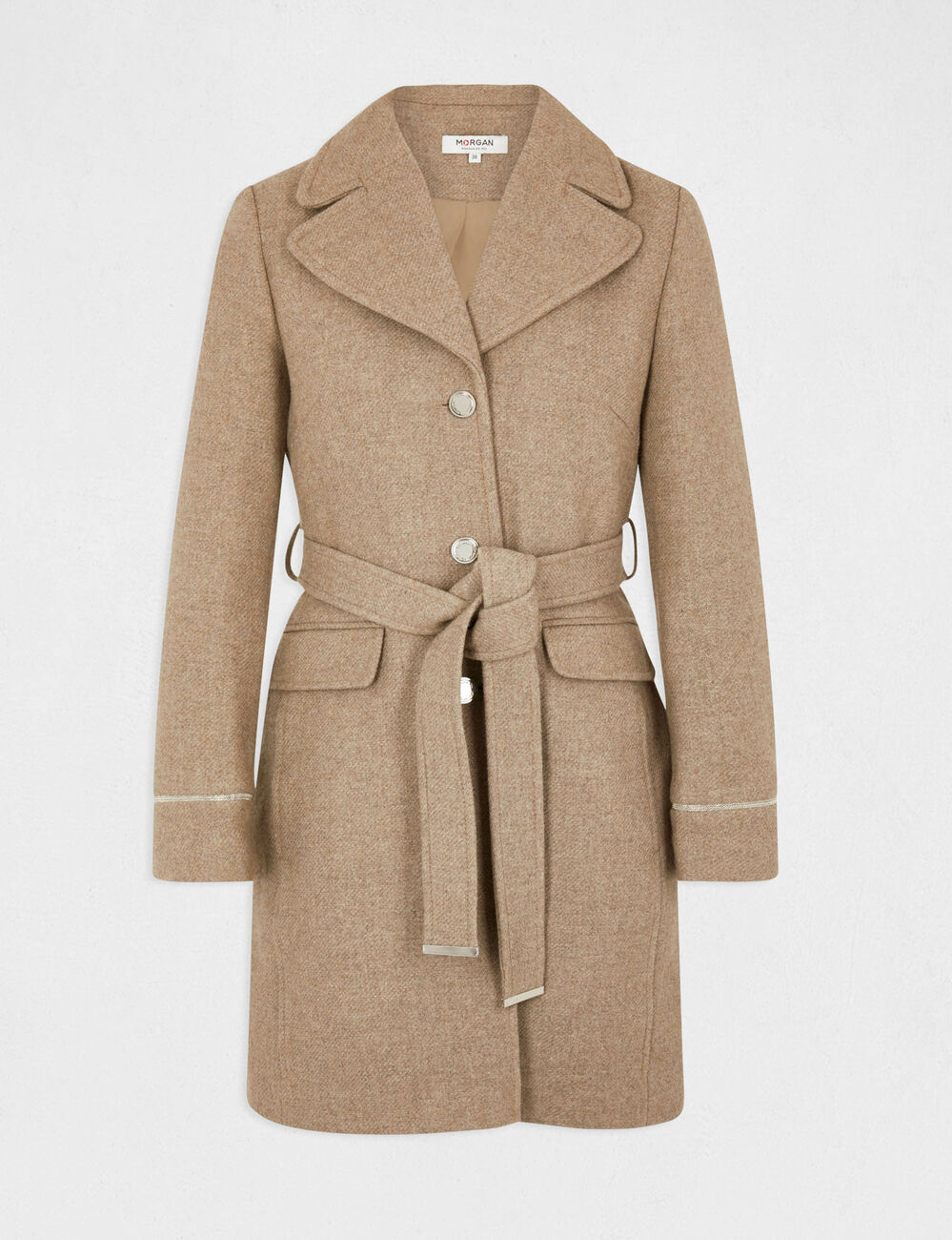Manteau droit ceintur&eacute; beige femme