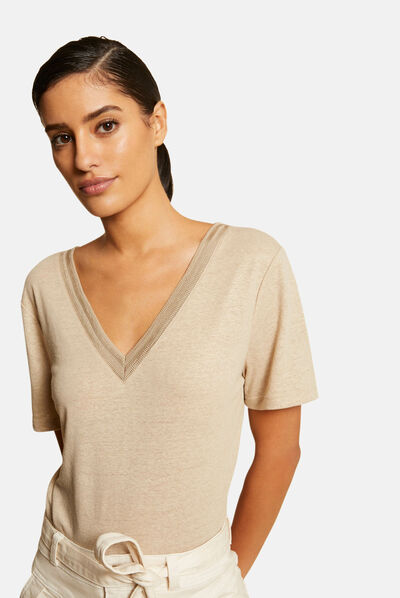 T-shirt manches courtes à col en V beige femme