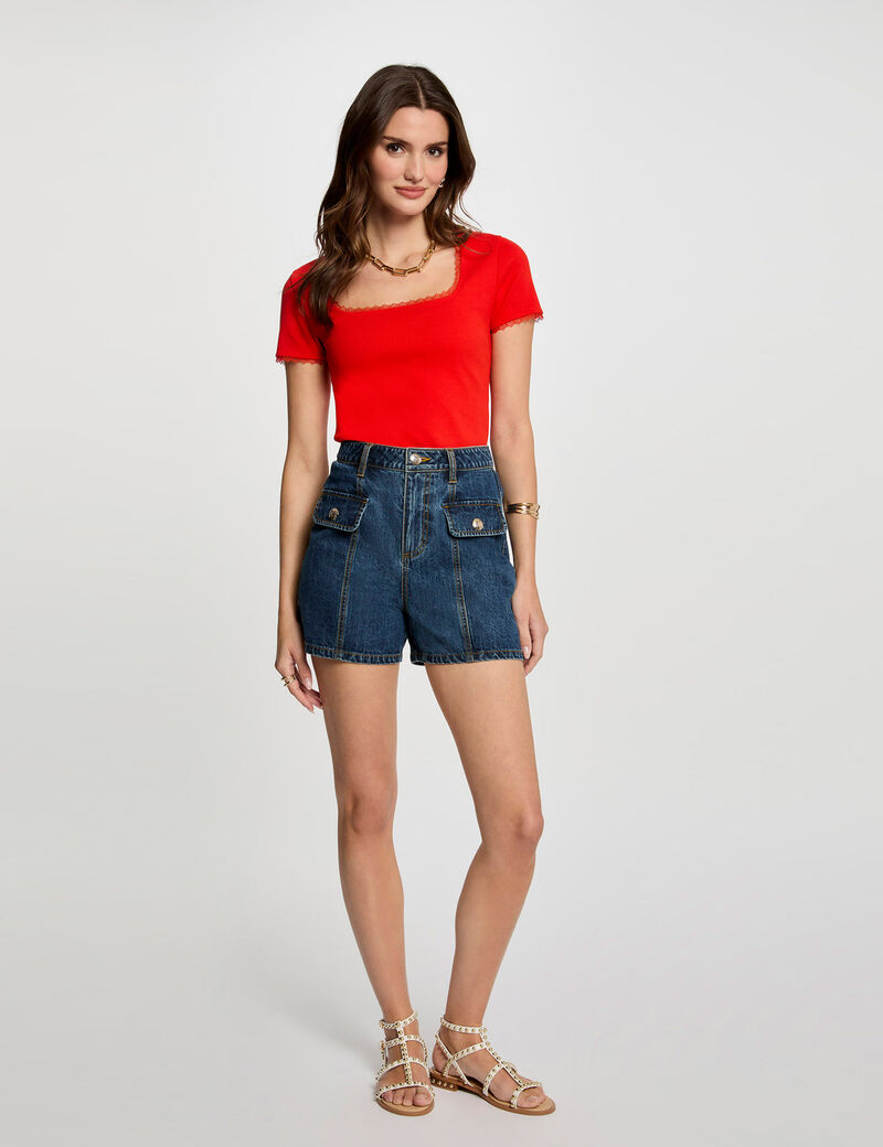 T-shirt manches courtes côtelé orange femme