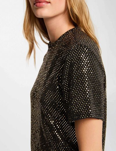 T-shirt sequins col montant jaune or femme