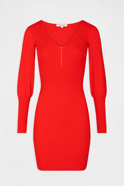 Robe pull ajustée avec col en V rouge femme