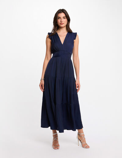 Robe longue col v bleu marine femme