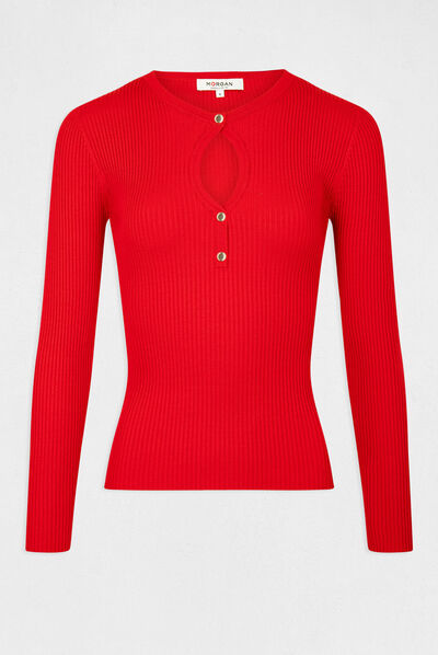 Pull manches longues à ouverture rouge femme