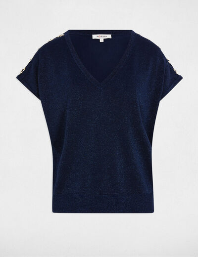 Pull col en V manches courtes bleu pétrole femme