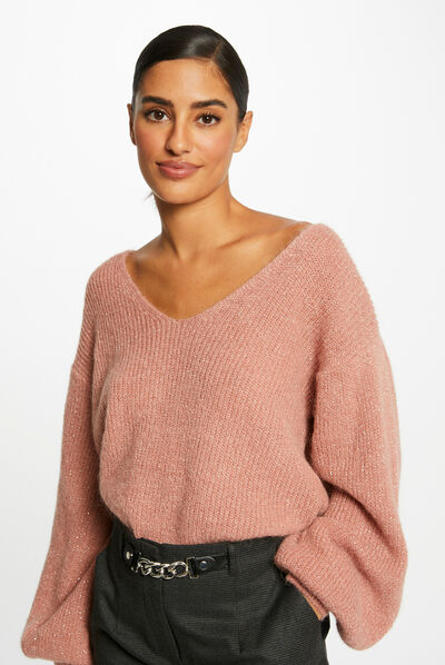 Pull manches longues à col en V rose pale femme