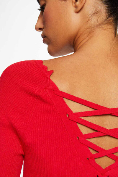 Pull manches longues avec col rond rouge femme