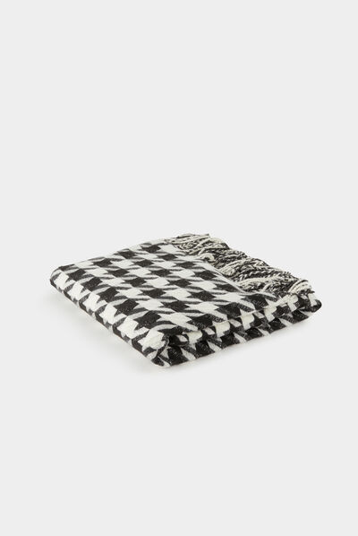 Écharpe à franges imprimé pied de poule noir femme