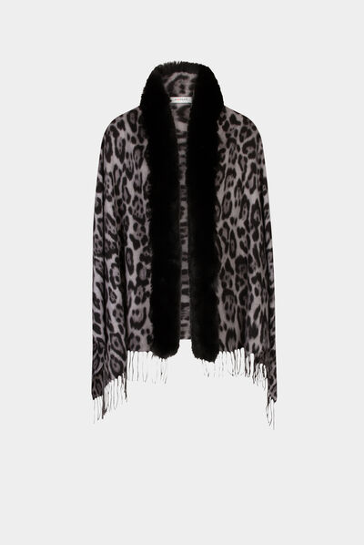 Poncho avec franges et imprimé léopard gris moyen femme