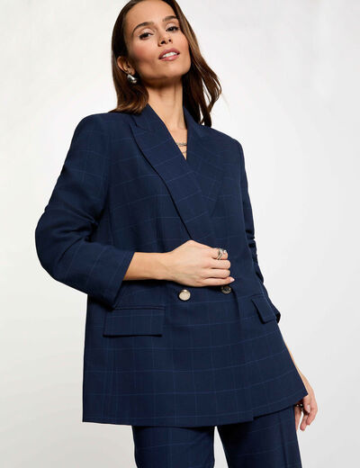 Blazer droit &agrave; carreaux bleu marine femme